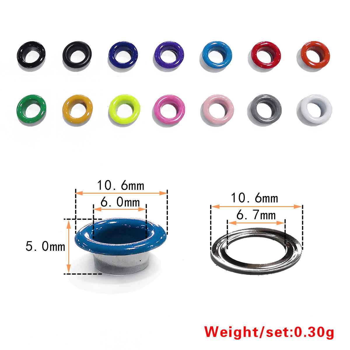 Shoe eyelets hollow rivets size guide: 10.6mm outer, 6.0mm inner, 5.0mm height