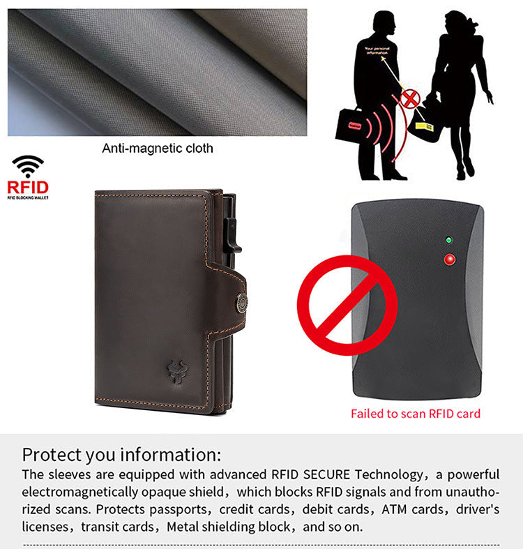 Waxed Leather Wallet Coin Purse,Auto-Eject RFID Metal Card Case