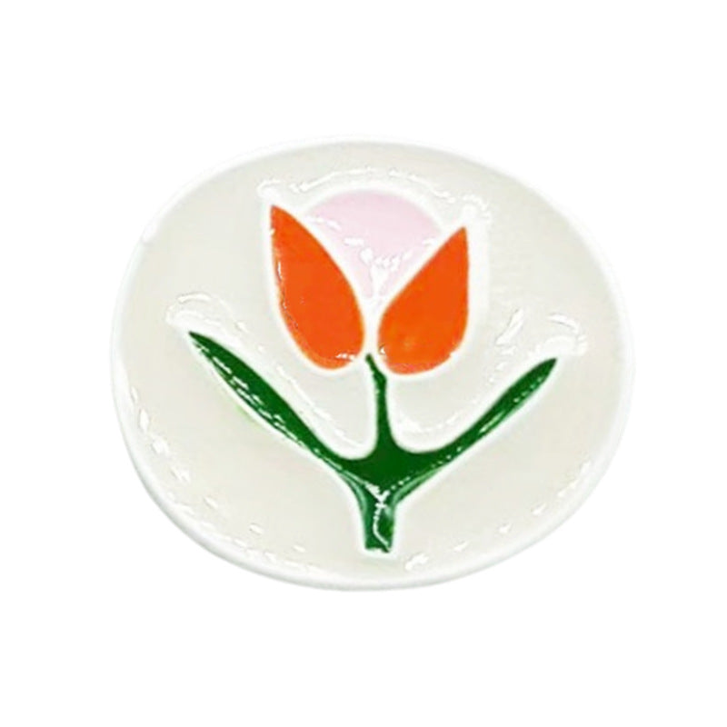 Runder Metallknopf Tulpen-Öltropfen, rosa und orangefarbene Blüten, weißer Knopf