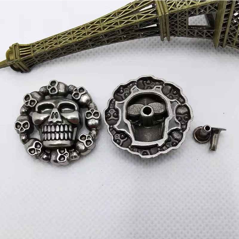 Metal skull rivet stud set: front skull face and reverse mounting cap with hole