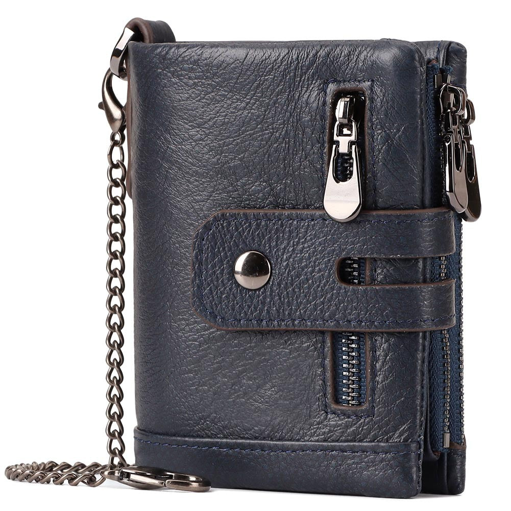 Genuine Leather Short Wallet with RFID Protection Tri-Fold Purse Dark Blue