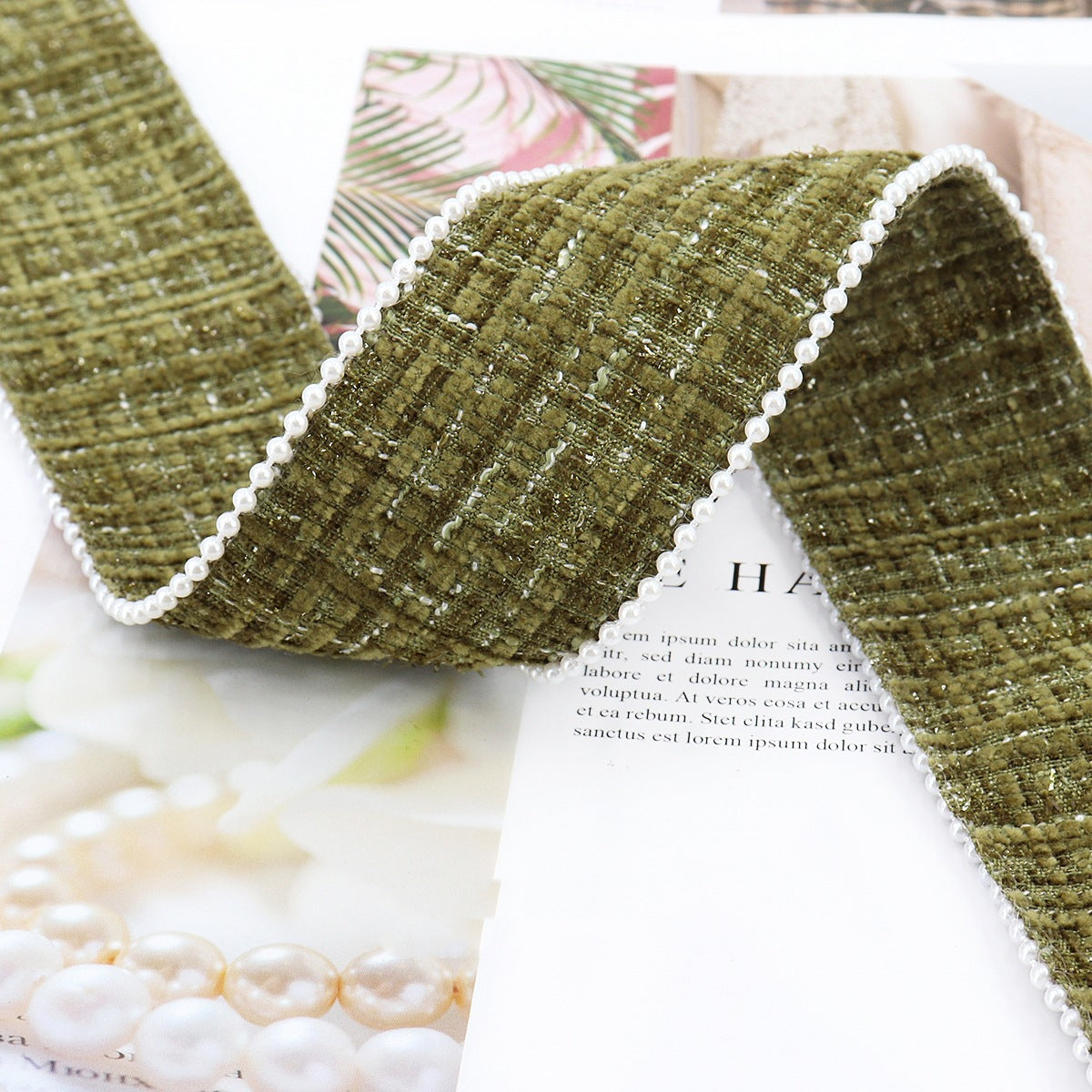 Olive green checkered flannel ribbon with white bead edge, 38 mm width