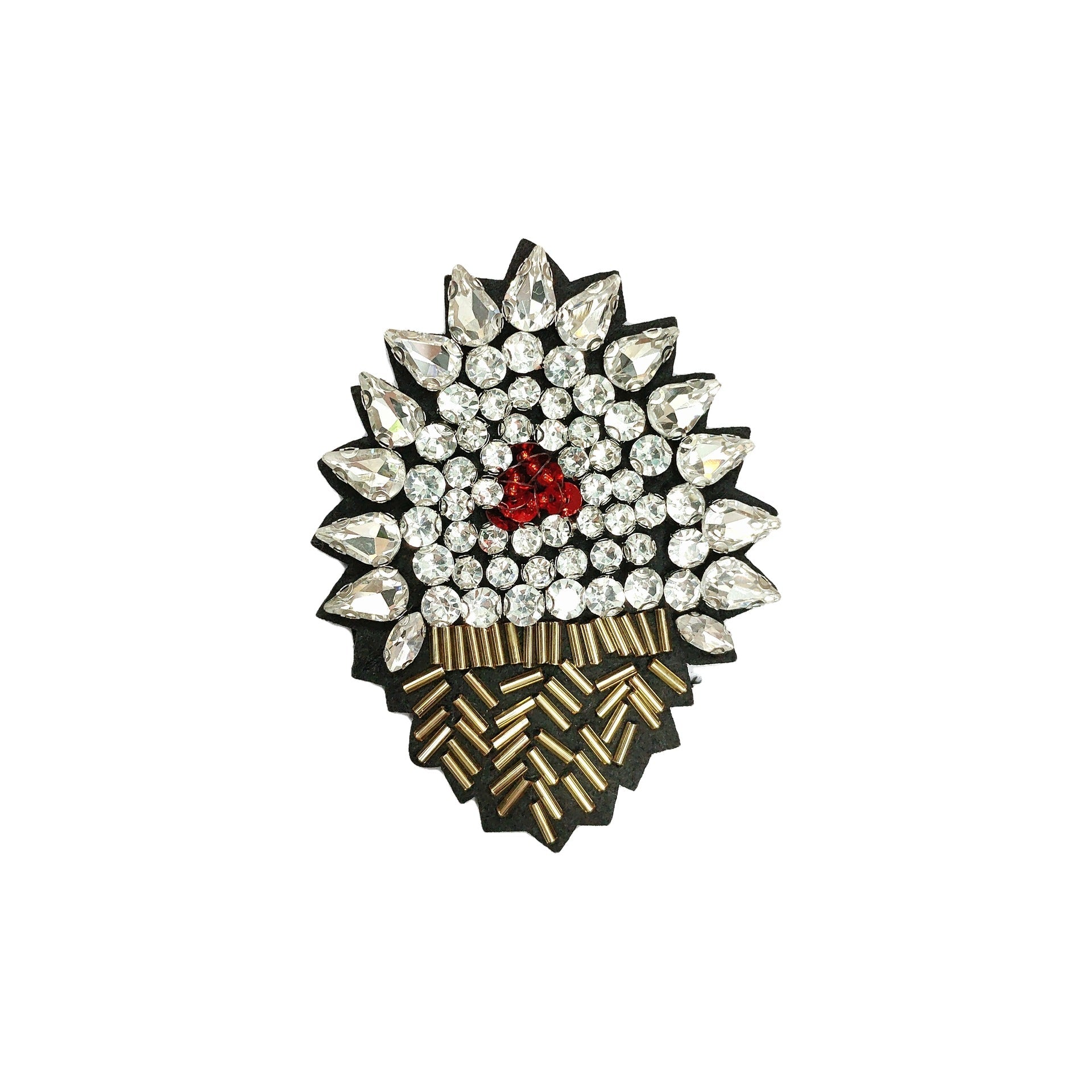 Spiky flower fabric patch with clear rhinestones, gold bead base, and red center