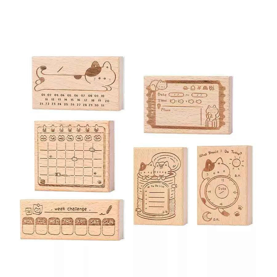 Wooden Time Planning Table Stamps Cat Memo 6 Pack