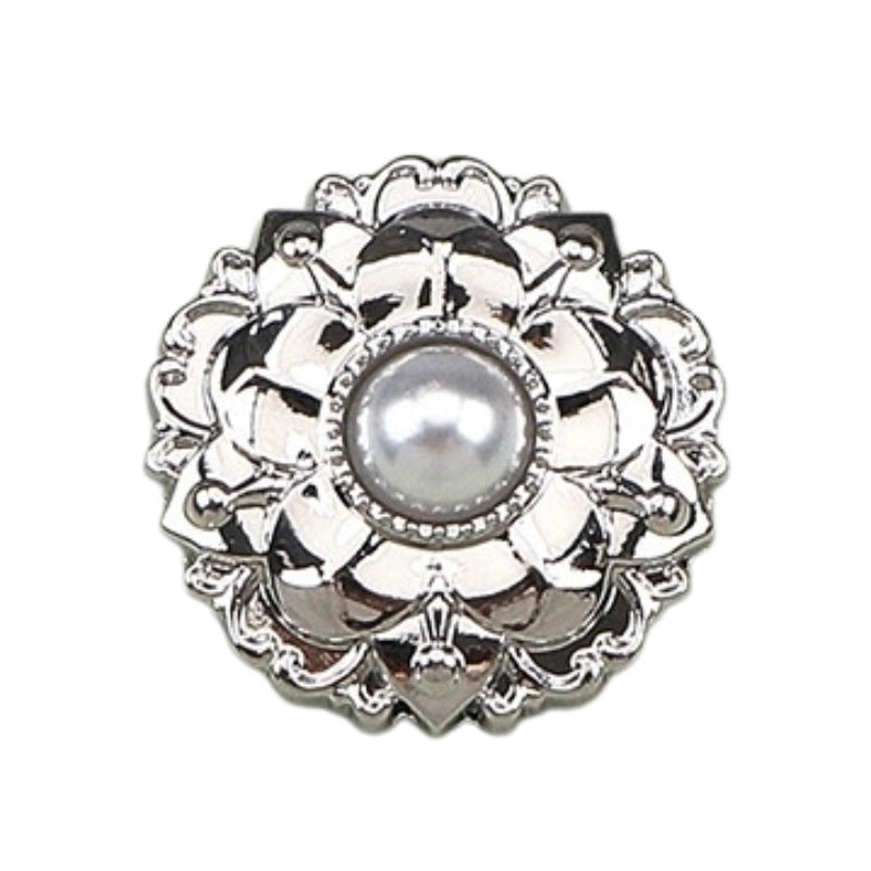 Peony pearl metal button 18/23mm, white pearl center, silver filigree floral border