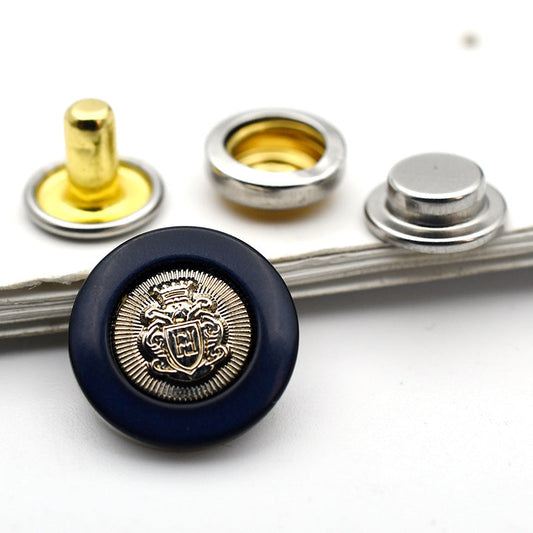 15mm Round Flat Vintage Crown 4-in-1 Metal Snap Buttons 20pcs Blue