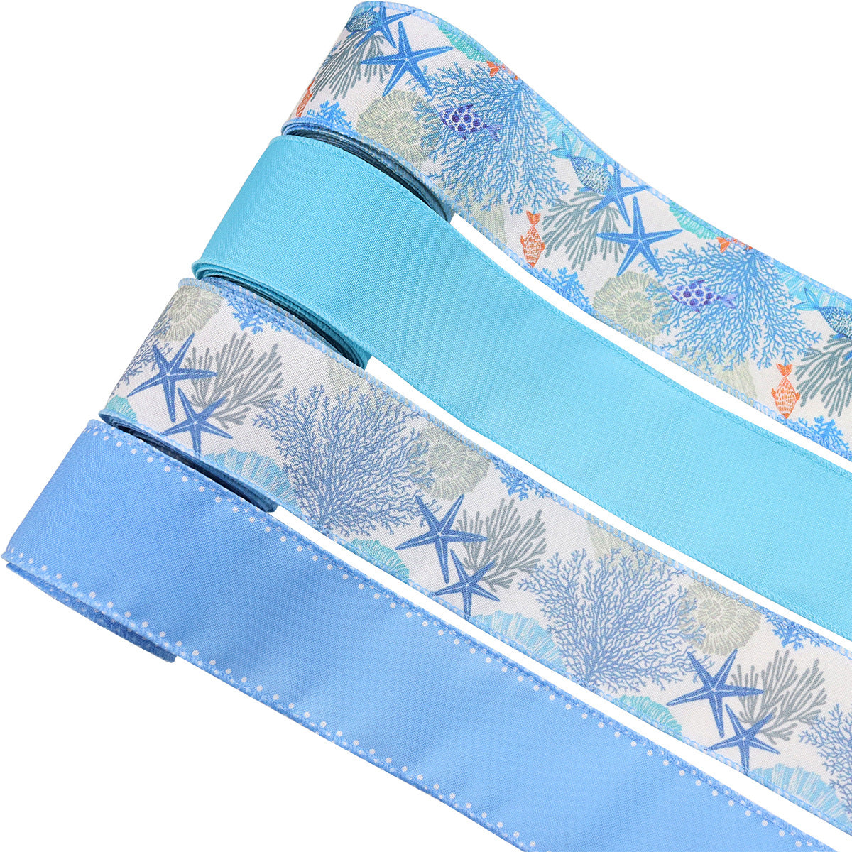 Blue coral reef grosgrain ribbon with wired edge, coral and starfish print along length
