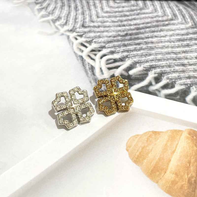 Four-Leaf Clover crystal metal shank buttons, gold and silver tones, two buttons