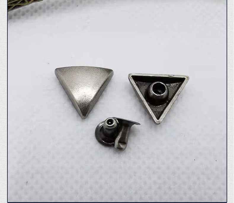 11mm silver triangle rivet studs with antique finish: two fronts and one reverse piece