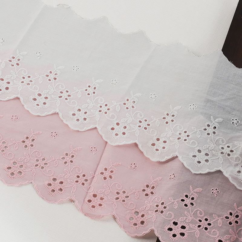Pink cotton embroidered lace trim with scalloped edge and floral eyelet design