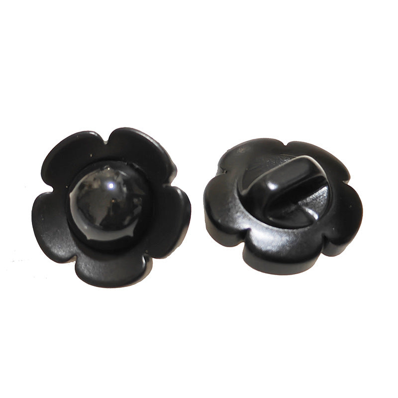 Black resin flower shank buttons, 11/18mm, back view with loop shank