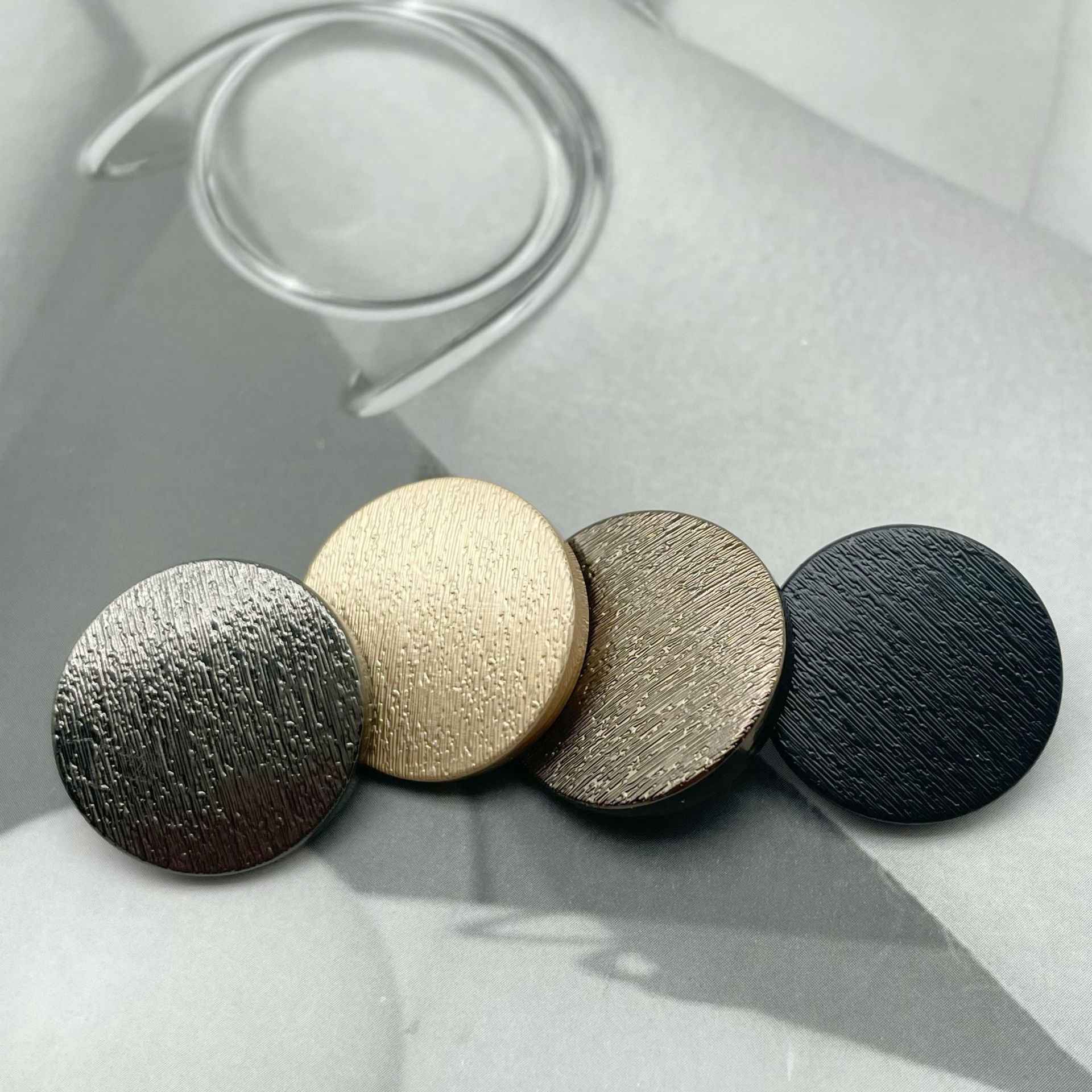 1-inch round matte metal shank buttons set: gunmetal, fog gold, black