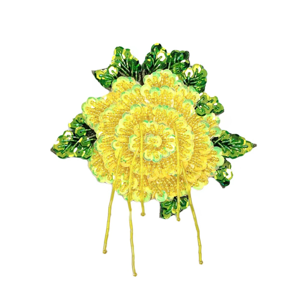 Yellow embroidered flower patch with sequins, beads, pearls, green accents and dangling threads