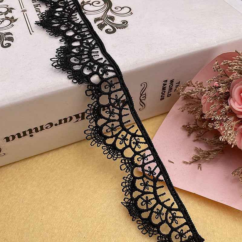 Milk silk lace trim, black ornamental floral lace border, 3 cm width