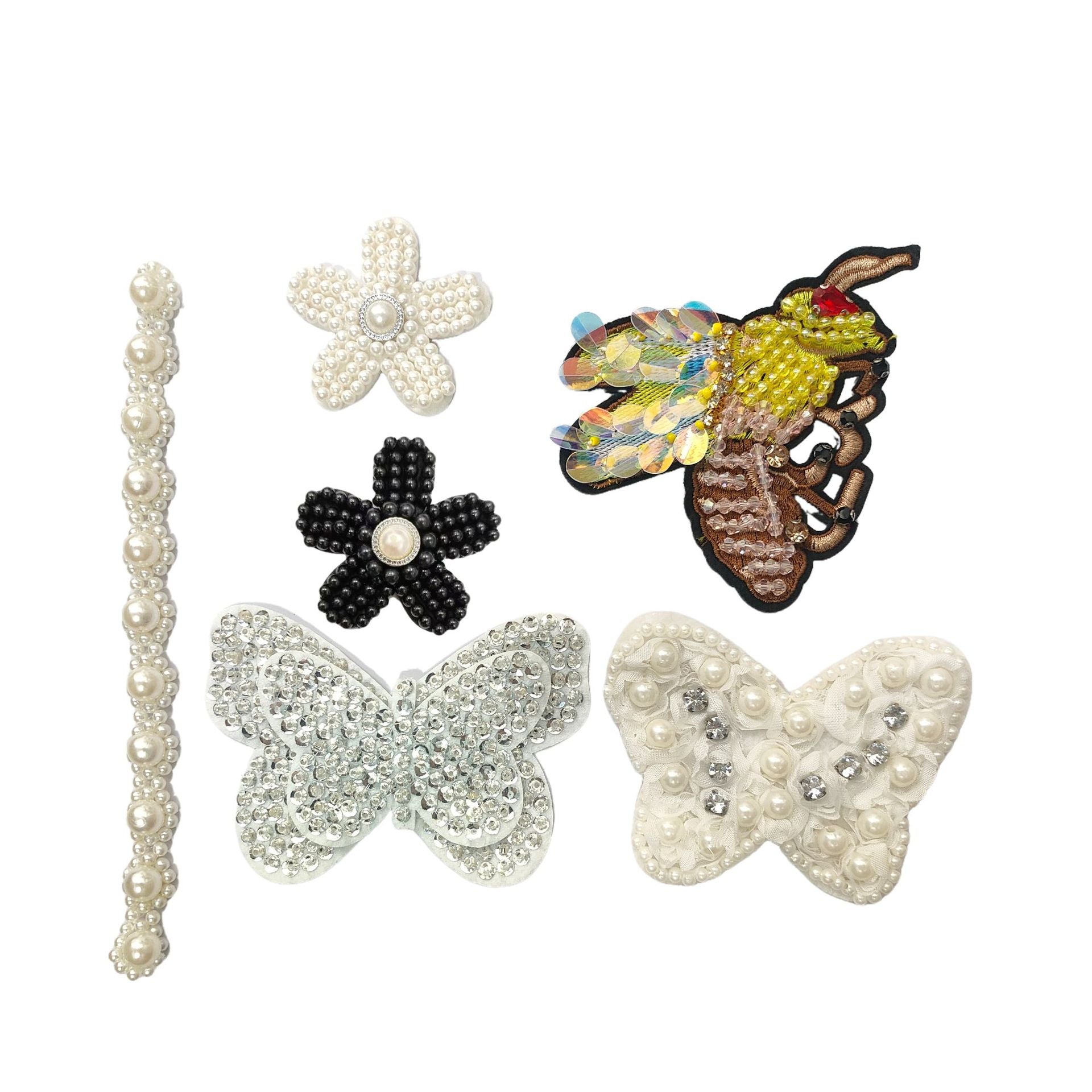 Pearl-embroidered patch assortment: white pearl stripe, flowers, butterfly, bow (12 pack)