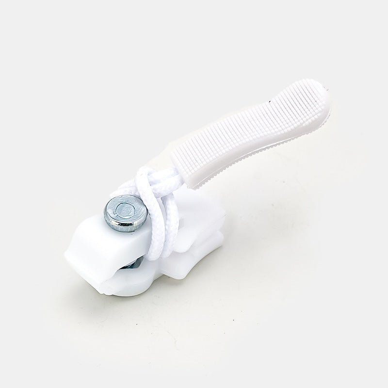 White zipper repair clip with strap and metal pin for jacket or bag