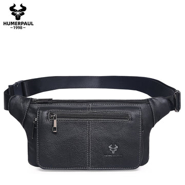 Genuine Leather Waist Crossbody Bag,Outdoor Sports Chest Pack Black