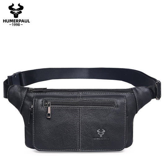 Genuine Leather Waist Crossbody Bag,Outdoor Sports Chest Pack Black