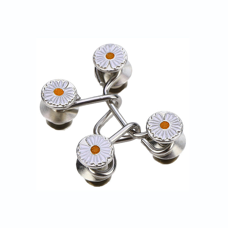 Silver daisy-pattern jean waist tightener buttons with orange centers and metal loops