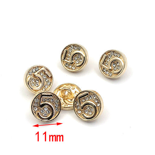 11mm gold round rhinestone metal shank button, number 5 design (20 pcs)