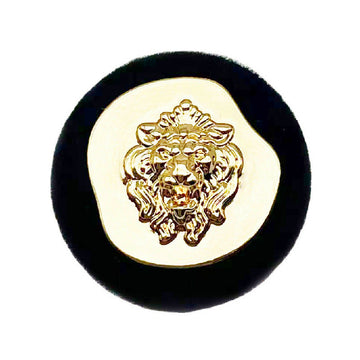 Black lion-head flocked metal blazer button, gold-toned emblem in center