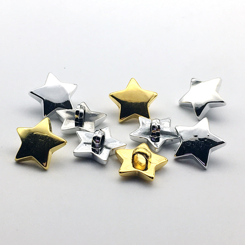Silver star shank buttons with black thread holes, plastic, 50-pack