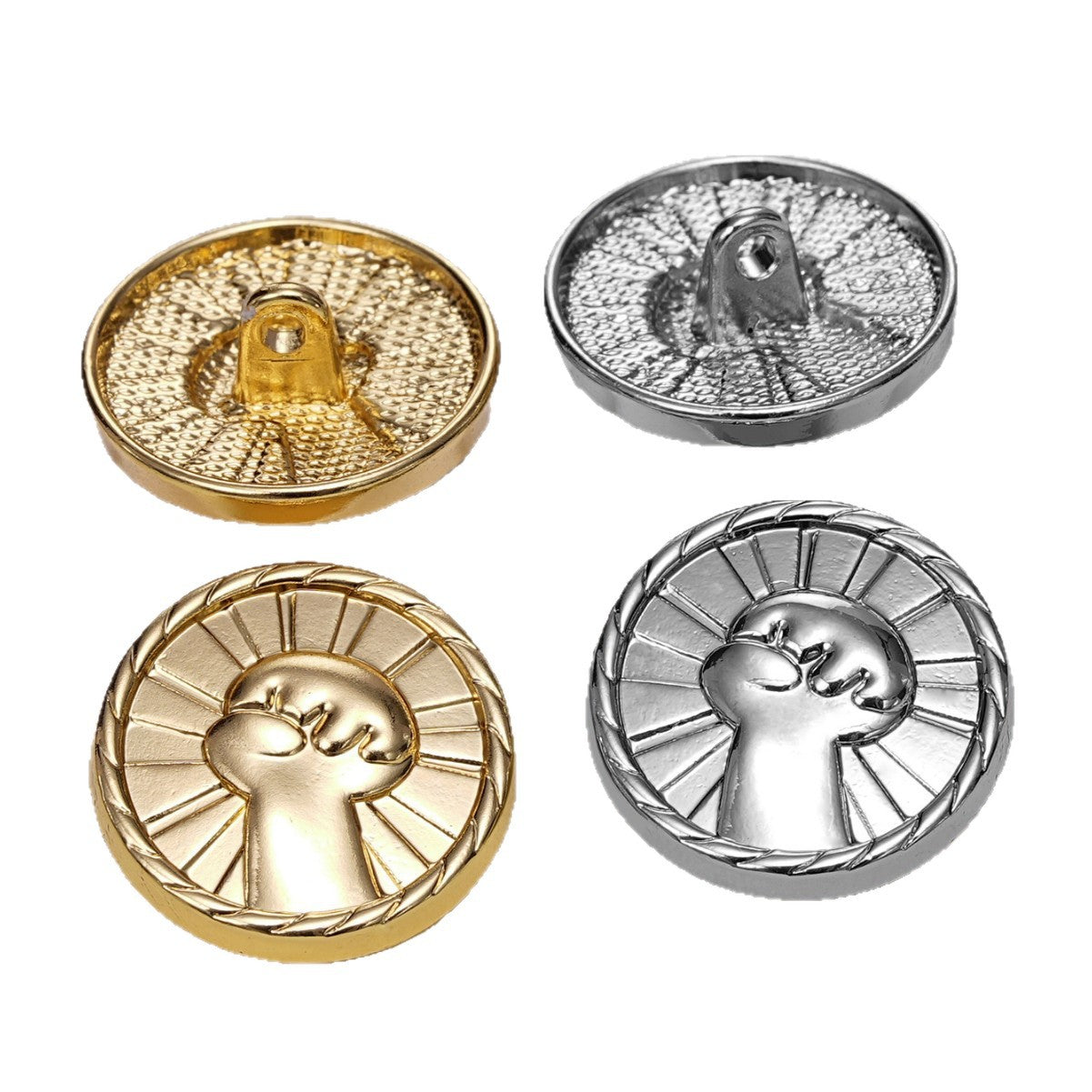 Round zinc alloy fist buttons, gold and silver, raised design with metal shank