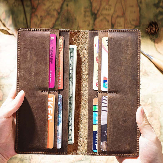 Handmade Crazy Horse Leather Long Wallet for Men Coffee