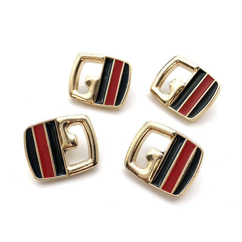 Black and red striped cardigan shank buttons, gold-tone metal frames, 4 shown