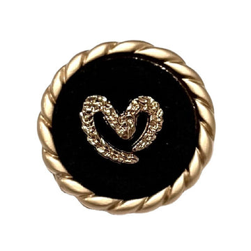 Round black flocked sewing button, gold rim, heart pattern center, 25mm