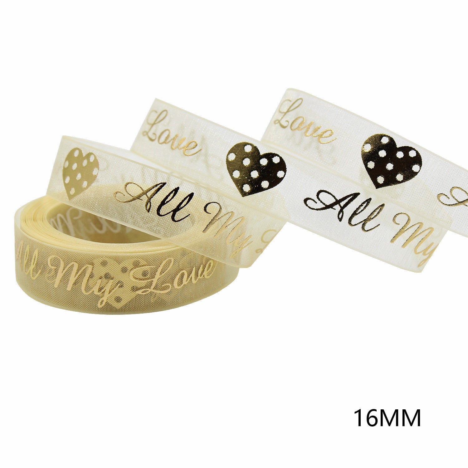 Gold-foil “All My Love” hearts ribbon on sheer white mesh, 16mm roll