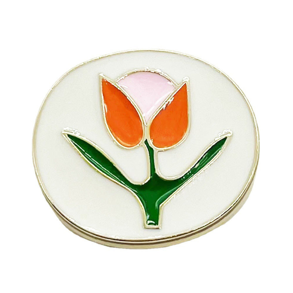 Metallknopf Tulpen-Öltropfen, orange Blüten und grüne Stiele, goldfarbener Rand