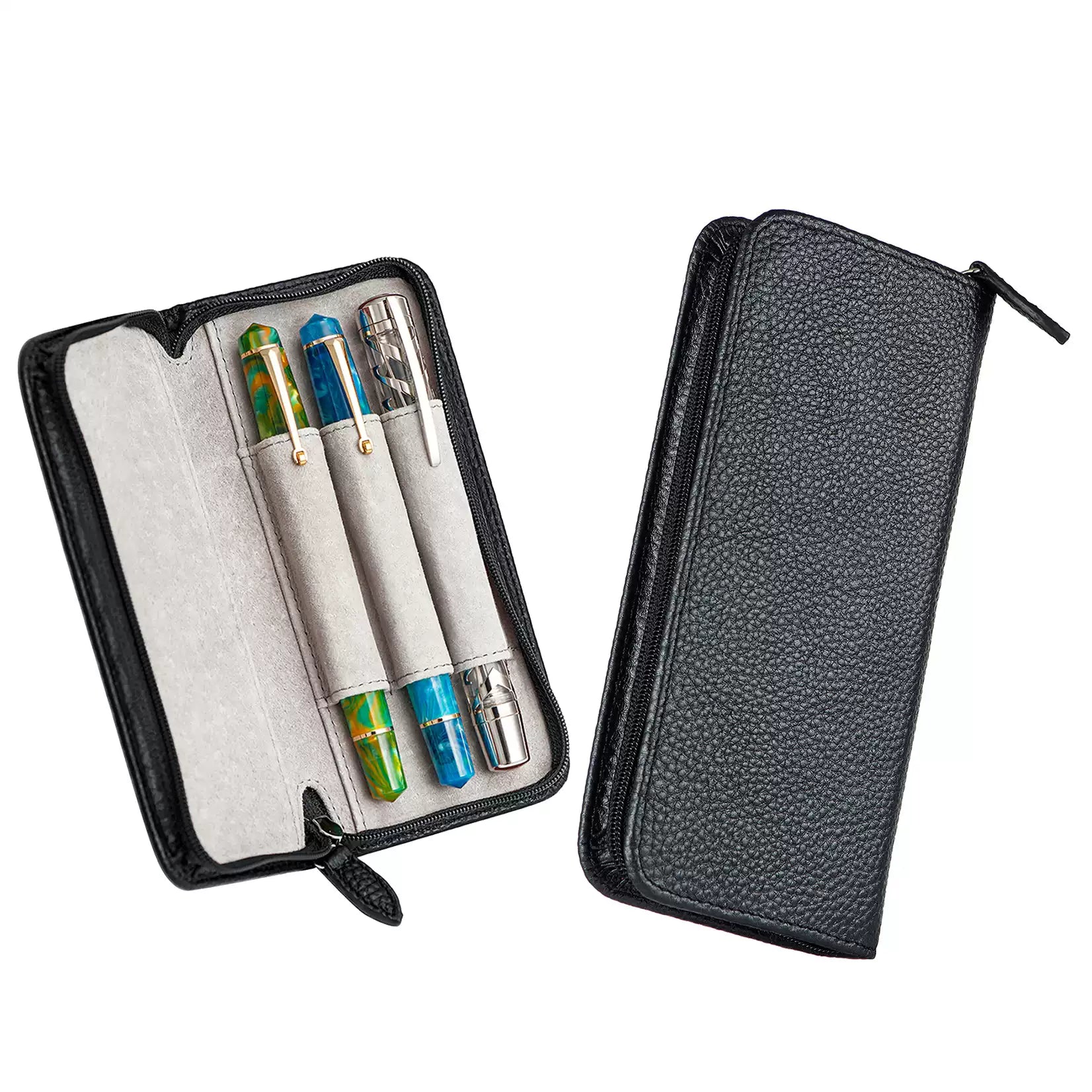 Asvine 3-Pen Top-Grain Cowhide Leather Zipper Fountain Pen Case