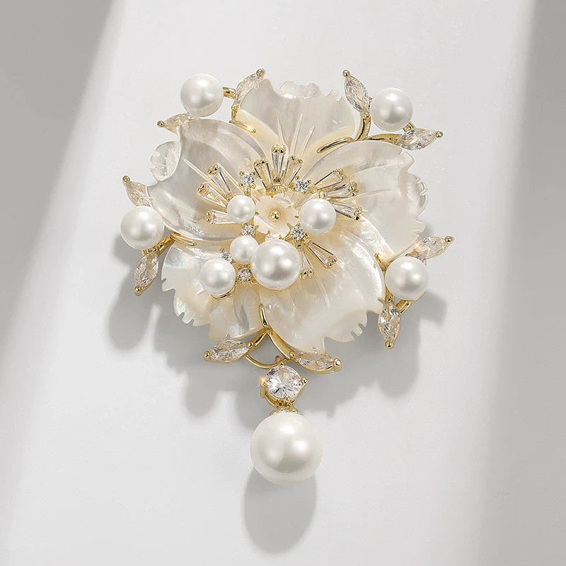 Floral camellia brooch with pearl drops, gold-tone prongs, clear zirconia accents
