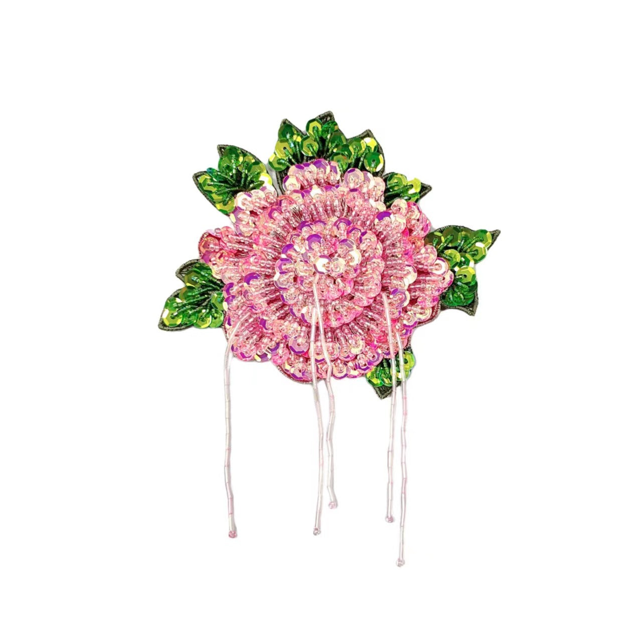 Pink embroidered flower patch with sequins, beads, pearls, green accents and dangling threads