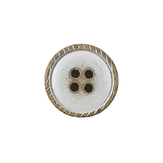 White round flat 4-hole wood button with distressed brown edge
