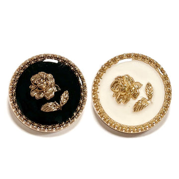 Round gold resin rose shank buttons, black and white pair with rhinestone rim