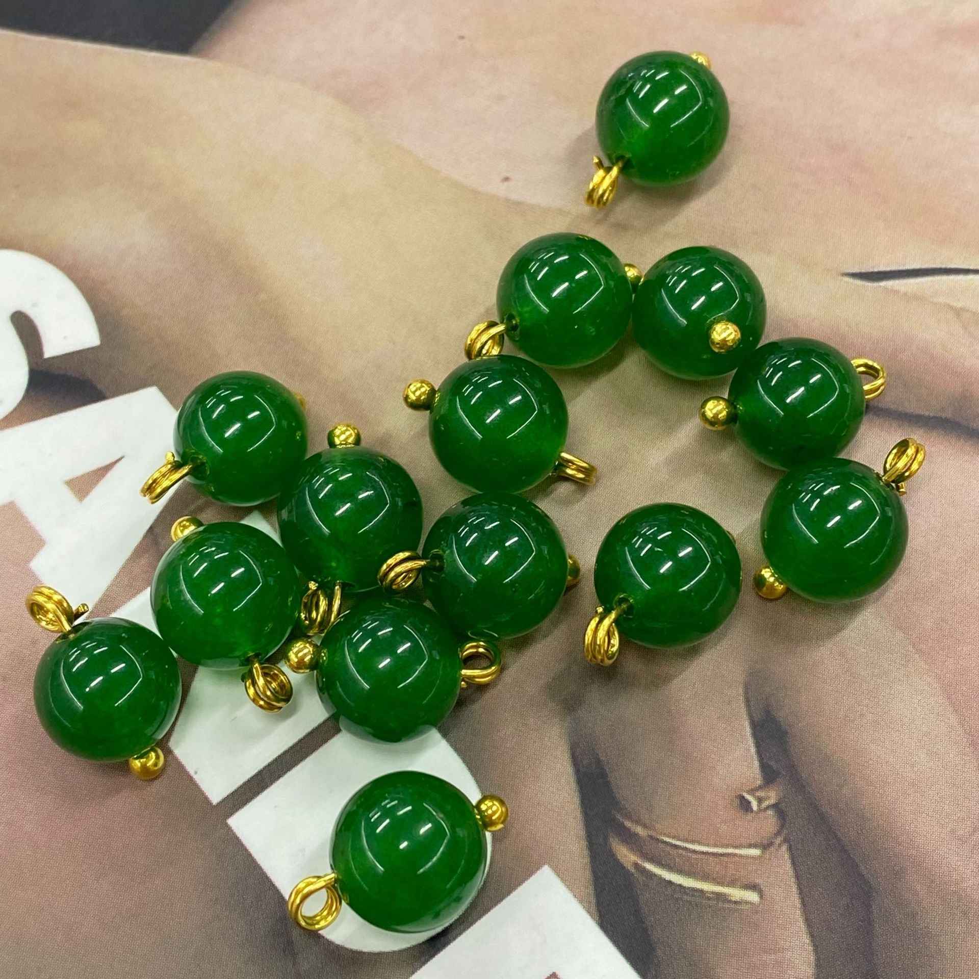 Natural jade buttons, green tones, gold loops, 10mm round Chinese style