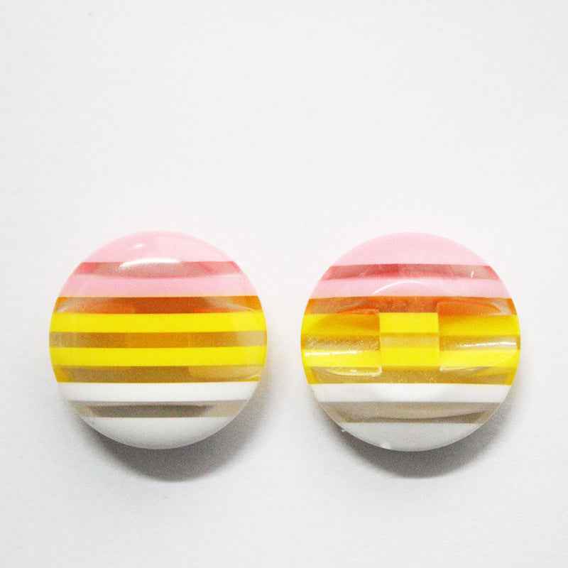 Round striped resin buttons with hidden hole, pink and white bands with yellow stripe