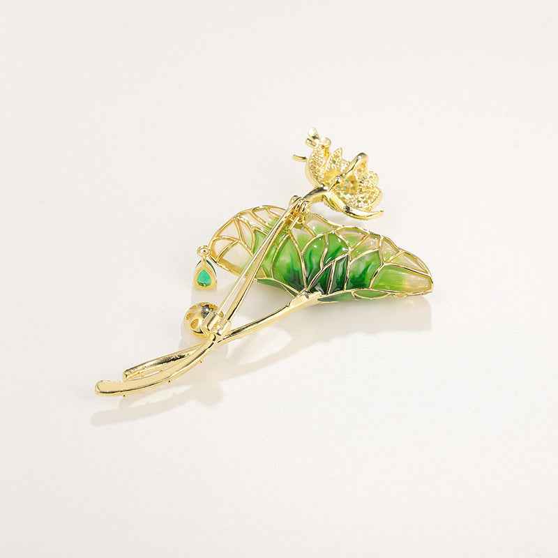 Side view lotus leaf brooch pin with light green enamel, zircon petals, small green drops