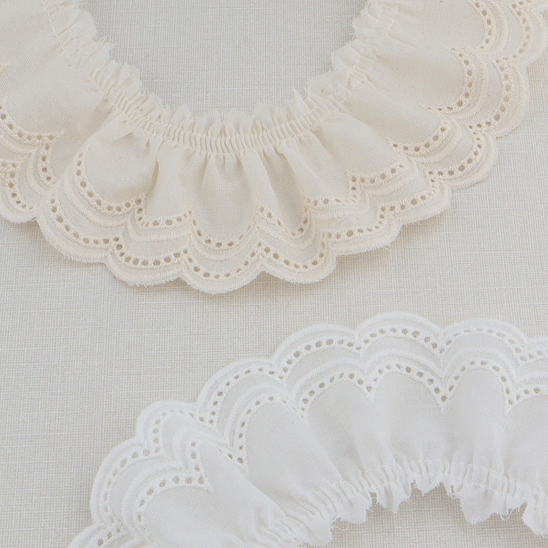 White cotton embroidered lace trim with pleated double waves and scalloped edge