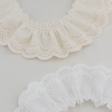 White cotton embroidered lace trim with pleated double waves and scalloped edge