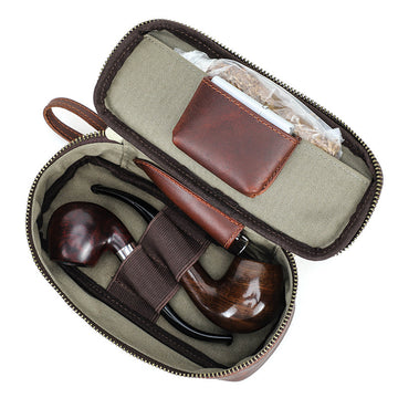 Estuche de viaje para pipa y tabaco de cuero – Bolsa marrón con cremallera para fumadores de pipa