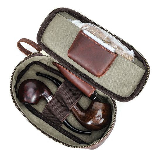 Leather Pipe & Tobacco Travel Case – Brown Zippered Carry Pouch for Pipe Smokers