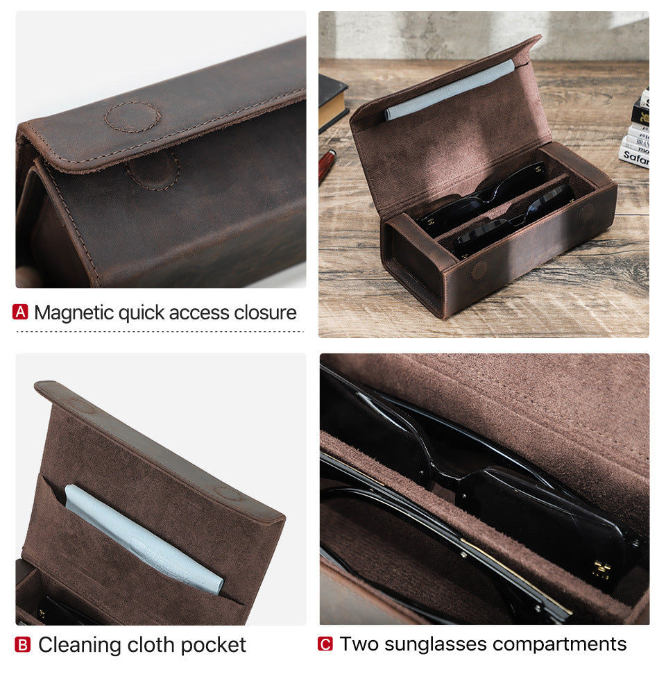 2-Slot Vintage Crazy Horse Leather Glasses Case Eyewear Storage Box