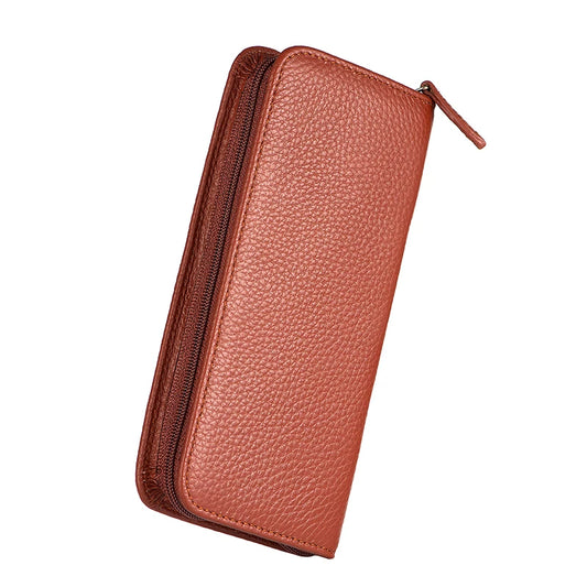 Asvine 3-Pen Top-Grain Cowhide Leather Zipper Fountain Pen Case Brown