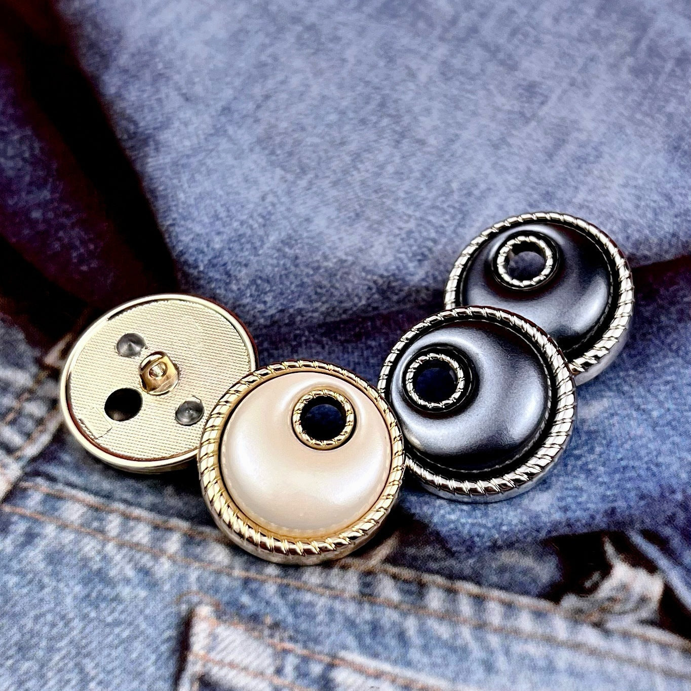 Metal shank buttons set in Gold Beige and Silver Black, showing front and back