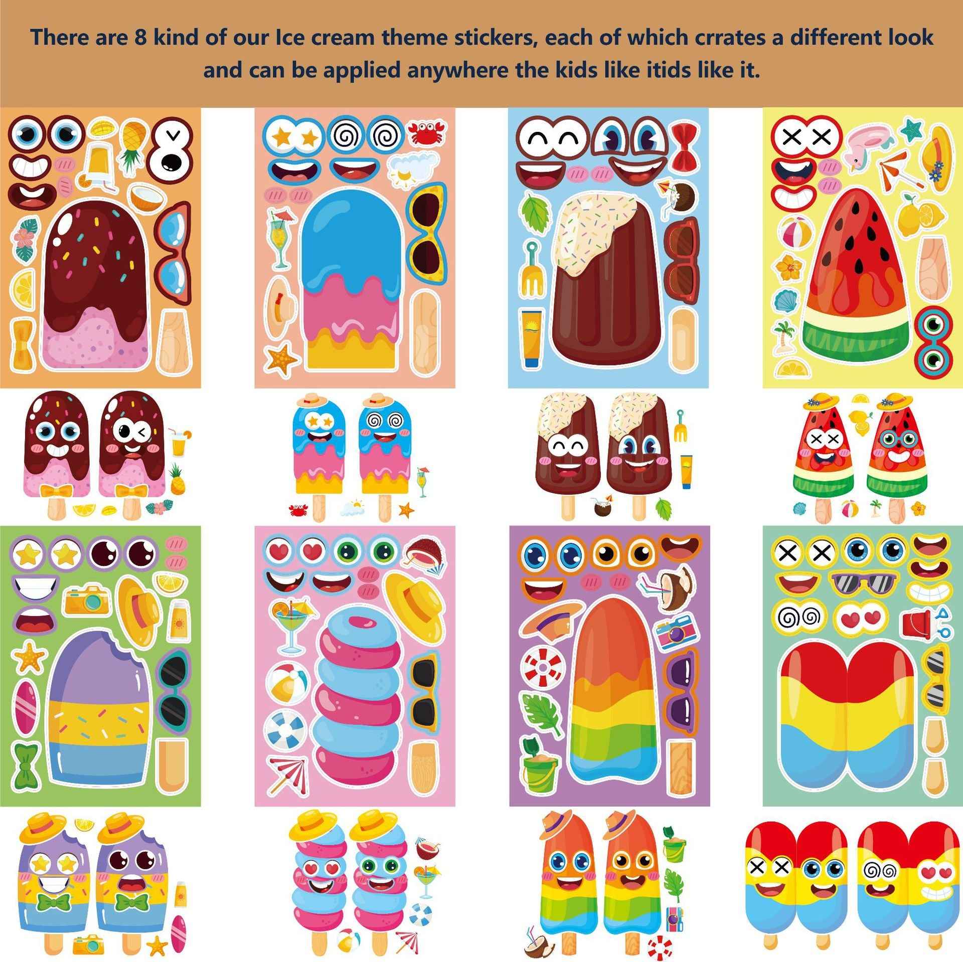 Make a Face Anime Popsicle Ice Lolly Stickers for Kids 24 Sheets