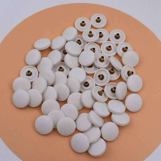 15mm white plastic snap buttons with brass studs, round