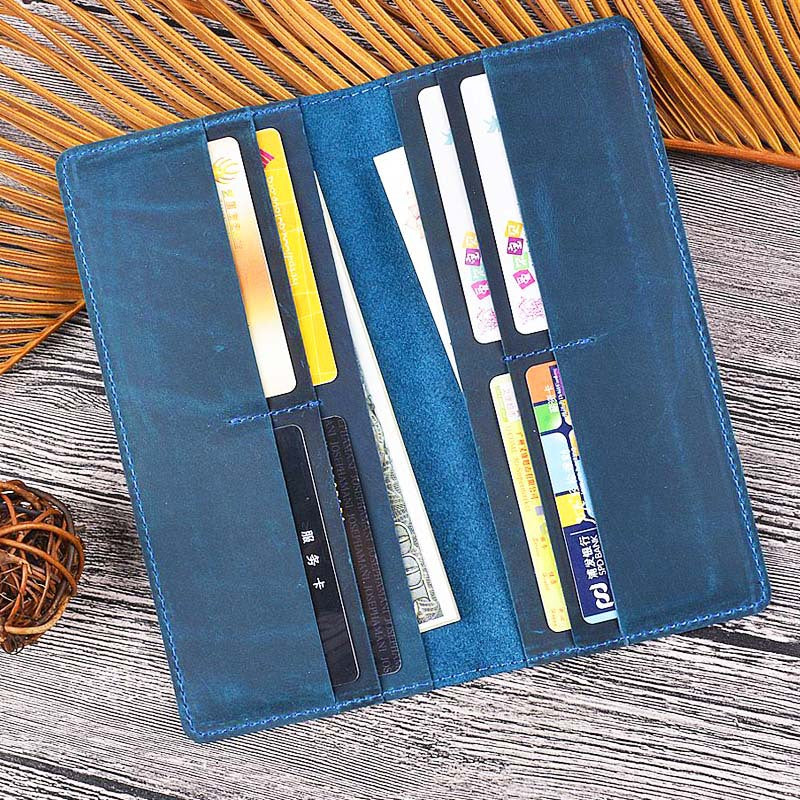Handmade Crazy Horse Leather Long Wallet for Men Blue